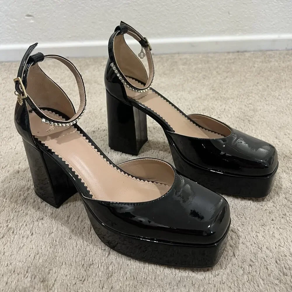 Maje Patent Leather Platform Black Heels size 38 Rhinestone Ankle Y2K Retro